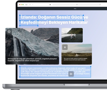 Görsel, İzlanda'nın çarpıcı manzaralarını ve vahşi doğasını vurgulayan bir web sayfasını ve İzlanda'nın sessiz gücünü anlatan alt yazıları içeriyor. doğa ve keşfedilmeyi bekleyen harikalar.