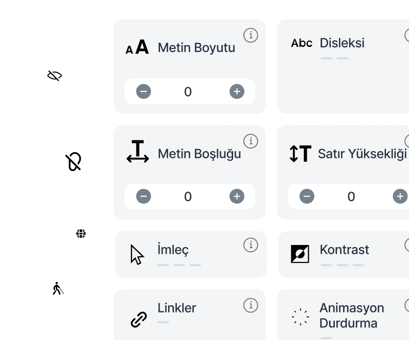 Görüntüde Metin Boyutu, Metin Boşluğu, Satır Yüksekliği, İmleç, Kontrast, Bağlantılar ve Animasyonları Duraklat gibi çeşitli erişilebilirlik ayarları seçenekleri gösterilmektedir.