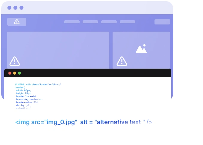 The image shows a webpage with a purple background and a black bar at the bottom containing HTML code for a loader and an image tag.