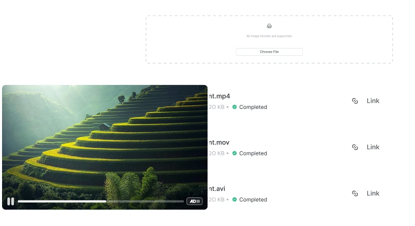 The image shows a video player interface with three video files listed: unt.mp4, unt.mov, and unt.avi, all completed at 20 KB. There is also an option to choose a file and links for each video file.