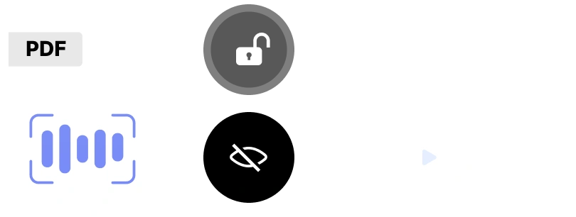 The image shows three icons: a PDF icon, a lock icon, and a stylized sound wave icon.