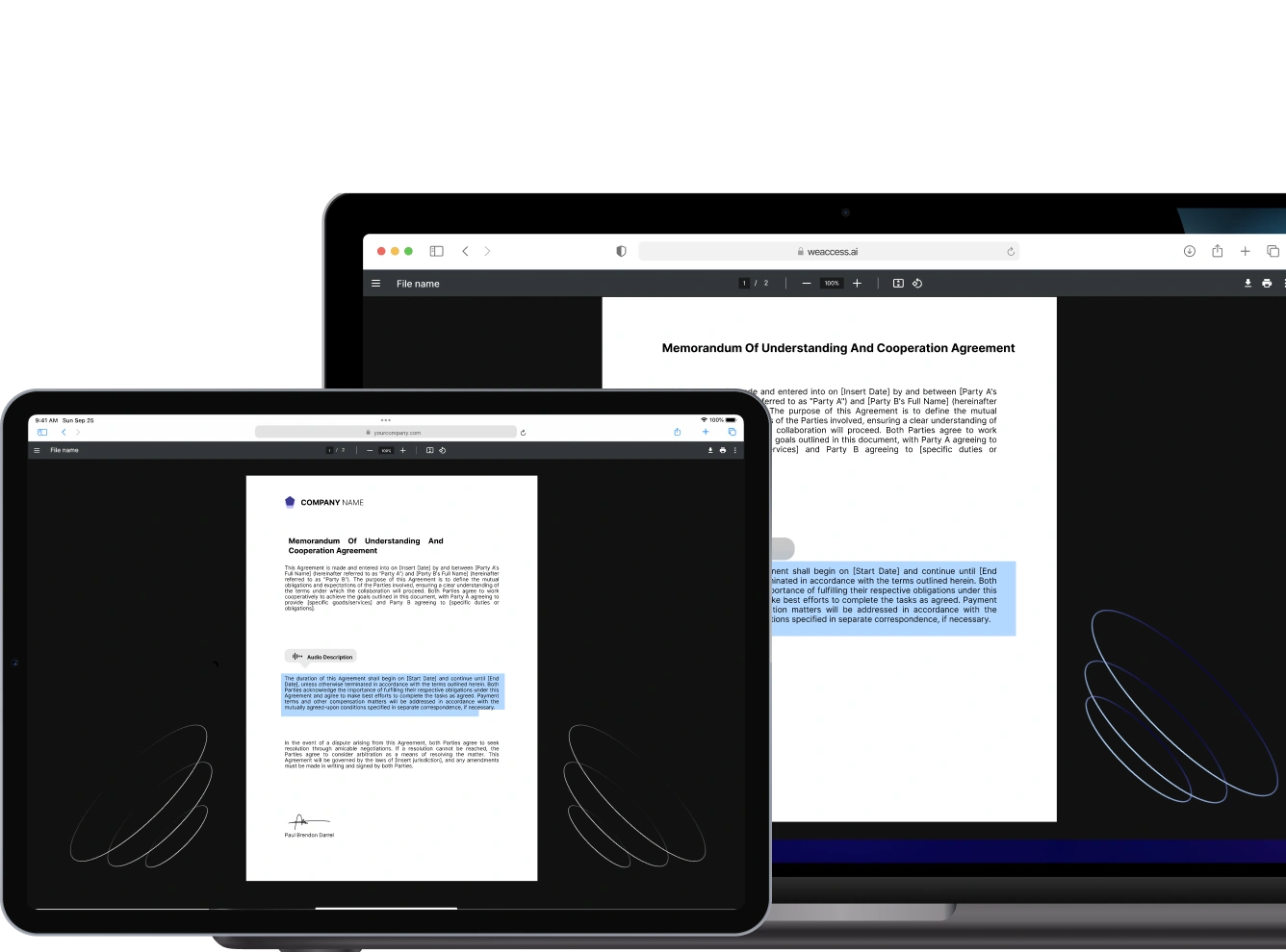 The image shows two devices displaying a document titled Memorandum Of Understanding And Cooperation Agreement, with placeholders for specific details such as parties' names and dates.
