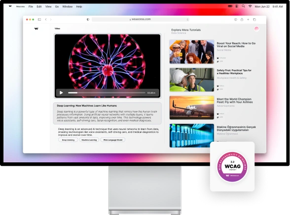 The image shows a webpage with a video titled Deep Learning: How Machines Learn Like Humans, along with various tutorials and articles on topics like social media, safety tips, and flight experiences.