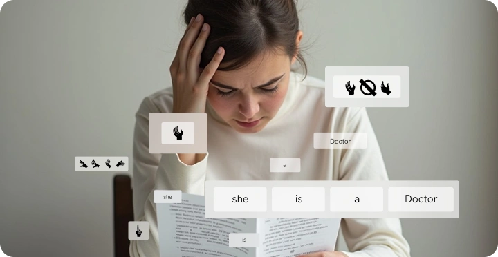 The image shows a person with their hand on their head, appearing to be deep in thought or concerned, while text boxes around them display signs and words related to Doctor.