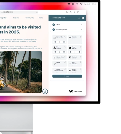 The image shows a webpage with an accessibility tool overlay, featuring options for adjusting text size, color contrast, and other settings to enhance readability and usability.