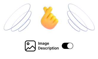 The image shows a yellow hand emoji with a middle finger raised, accompanied by two circular outlines on either side and a toggle switch labeled Image Description.