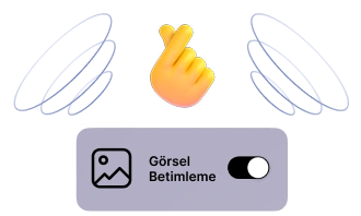 Görselde orta parmağını kaldırmış sarı bir el emojisi, iki yanında iki dairesel çerçeve ve üzerinde Görsel Açıklaması yazan bir açma kapama düğmesi yer alıyor.