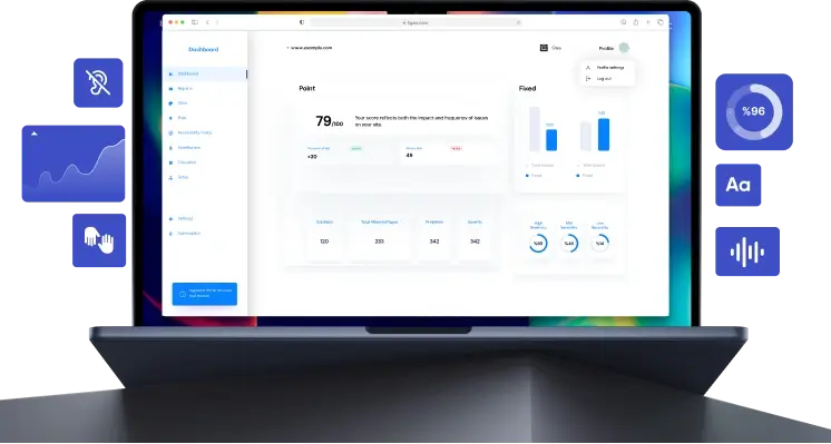 The image shows a laptop screen displaying a dashboard with various metrics and icons, including a score of 79 and a percentage of 96.