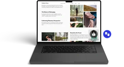 The image shows a laptop displaying a webpage with sections titled Outdoor Time, The Nature of Belonging, and Cultivating Planetary Perspective, along with a lock icon indicating secure content.