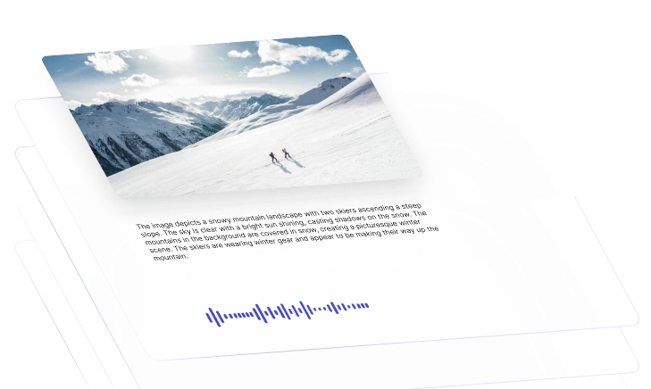 The image shows two skiers ascending a snowy mountain slope under a clear sky with bright sunlight casting shadows on the snow.