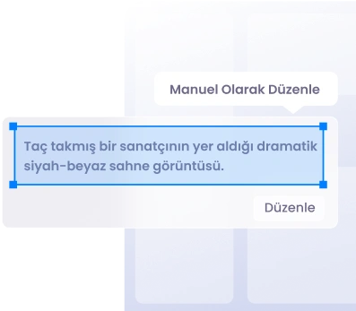 Resimde Elle Düzenle seçeneğinin bulunduğu bir metin kutusu ve taç giyen bir sanatçının yer aldığı dramatik siyah-beyaz bir sahne açıklaması gösterilmektedir.