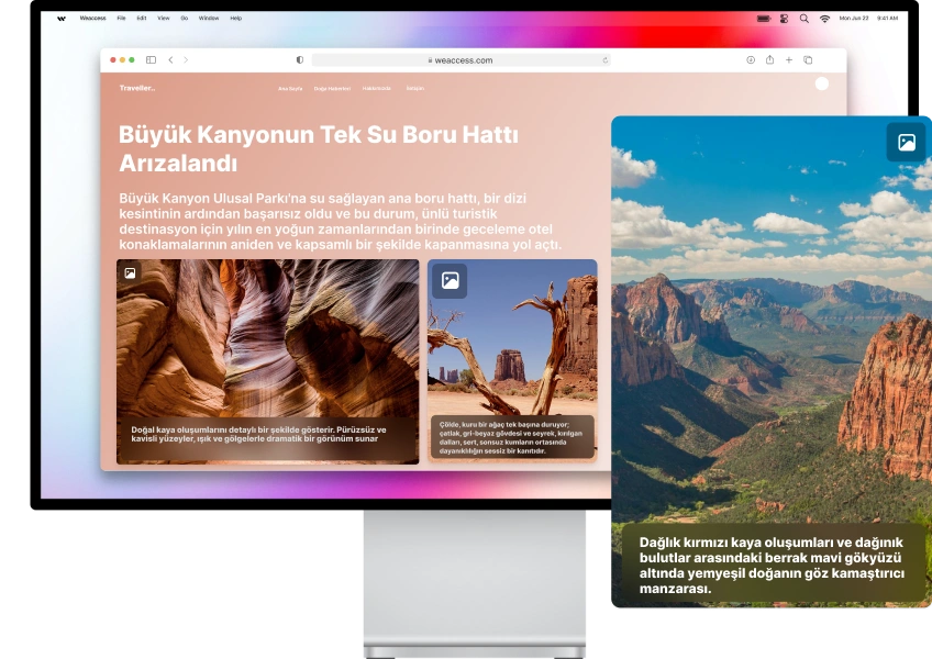 Görsel Las Vegas başlıklı bir web sayfasını göstermektedir: Büyük Kanyon, Antilop Kanyonu, Horseshoe Bend başlıklı web sayfasında çöl manzaraları ve kırmızı kaya oluşumları ile doğa harikaları hakkında açıklayıcı başlıklar yer alıyor.