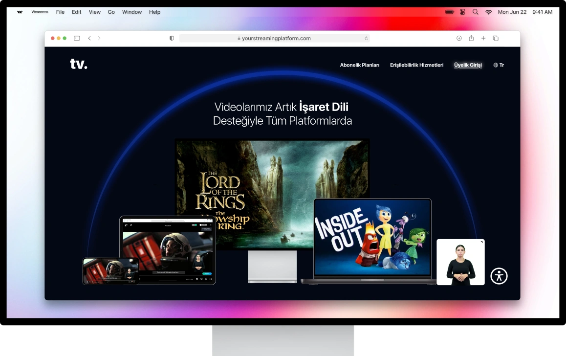 Görselde yourstreamingplatform.com'un Yüzüklerin Efendisi film afişlerinin yer aldığı ve videoların artık işaret dili desteğine sahip tüm platformlarda mevcut olduğunu vurgulayan bir web sayfası görülüyor: Yüzük Kardeşliği Ring ve Inside Out.