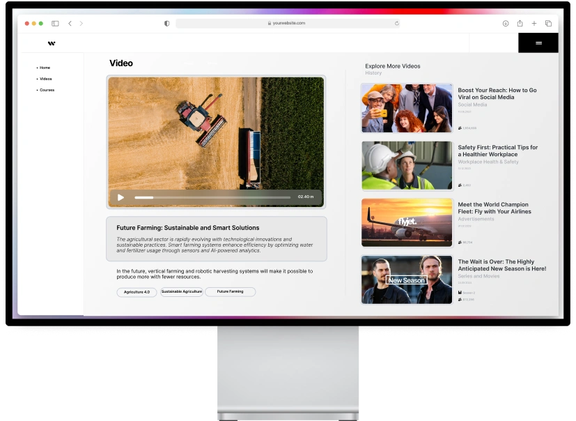 The image displays a webpage with a video titled Future Farming: Sustainable and Smart Solutions, along with related categories such as Agriculture 4.0, Sustainable Agriculture, and Future Farming.