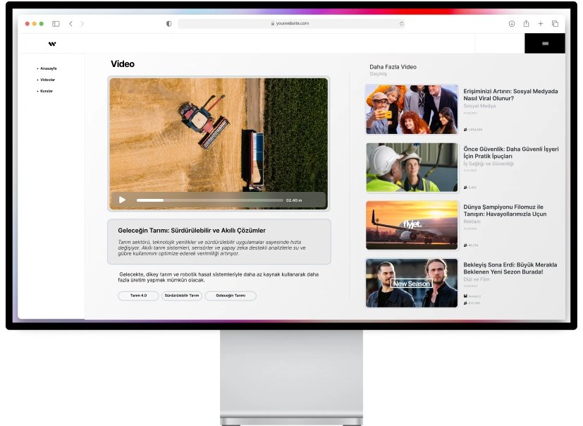 Görsel, Geleceğin Çiftçiliği başlıklı bir videonun yer aldığı bir web sayfasını göstermektedir: Sürdürülebilir ve Akıllı Çözümler, Tarım 4.0, Sürdürülebilir Tarım ve Geleceğin Tarımı gibi ilgili kategorilerle birlikte.