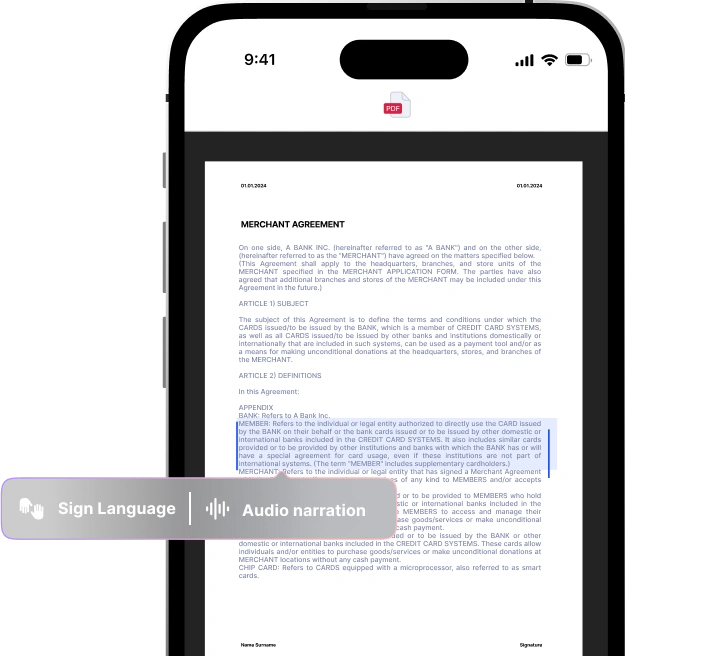 The image shows a smartphone displaying a document titled MERCHANT AGREEMENT with sections labeled ARTICLE 1) SUBJECT and ARTICLE 2) DEFINITIONS. The document appears to be related to credit card systems and merchant agreements.
