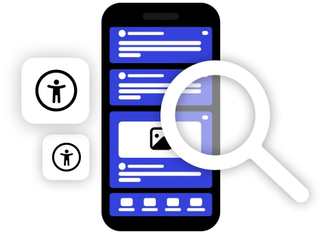 The image depicts a smartphone screen with a magnifying glass and two icons of a person, suggesting a focus on searching or analyzing user data.