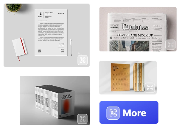 The image showcases various mockups including a letterhead, newspaper cover page, book, and a stack of books, with a More button at the bottom.