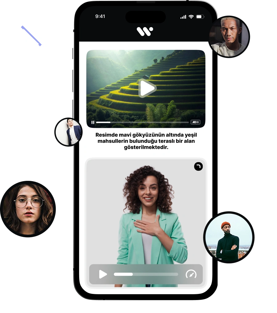 Görselde, mavi gökyüzünün altında yeşil ekinlerin bulunduğu teraslı tarlaların videosunu gösteren bir akıllı telefon ekranının yanı sıra Görüntü mavi gökyüzünün altında yeşil ekinlerin bulunduğu teraslı bir tarlayı göstermektedir şeklinde bir açıklama yer almaktadır.
