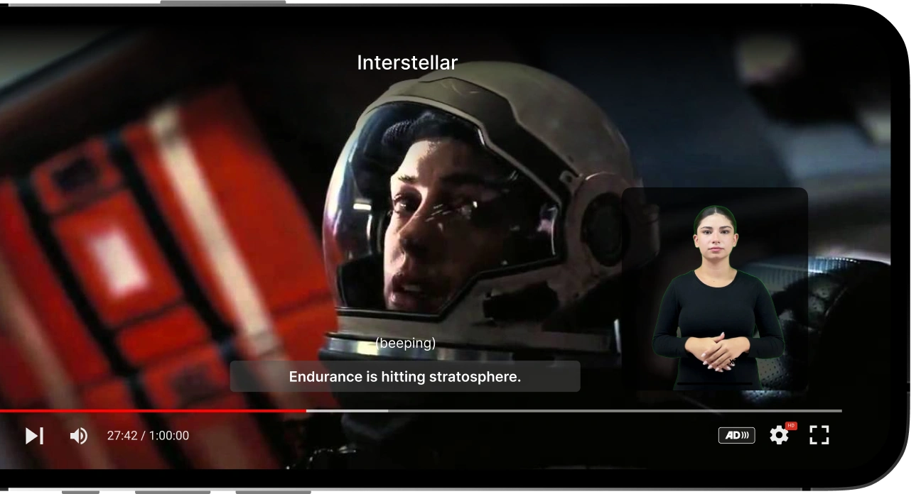 The image shows a scene from the movie Interstellar with a subtitle that reads Endurance is hitting stratosphere.
