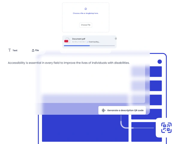 The image shows a web interface with options to upload a file, download a document, and generate a description QR code, emphasizing the importance of accessibility in improving lives for individuals with disabilities.