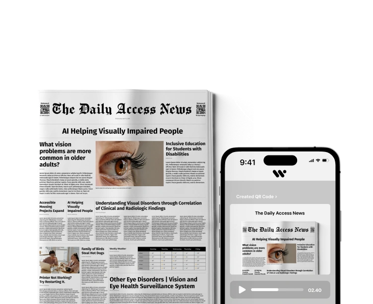 The image shows a newspaper titled The Daily Access News with articles about AI helping visually impaired people and inclusive education for students with disabilities, alongside a smartphone displaying a QR code linking to the same newspaper.