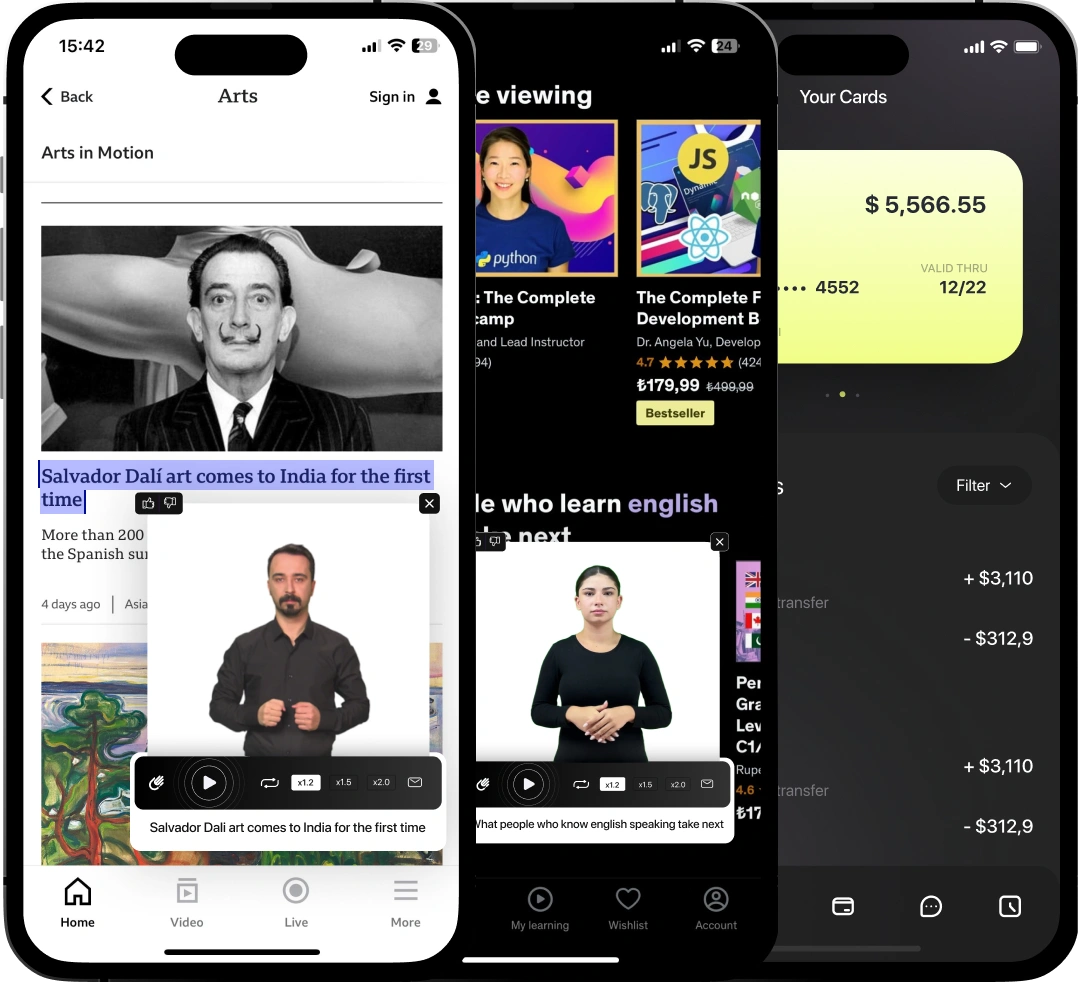 The image shows three smartphone screens displaying different apps: one with an arts section featuring Salvador Dalí and his art, another with a video course on learning English, and a third showing a financial card balance.