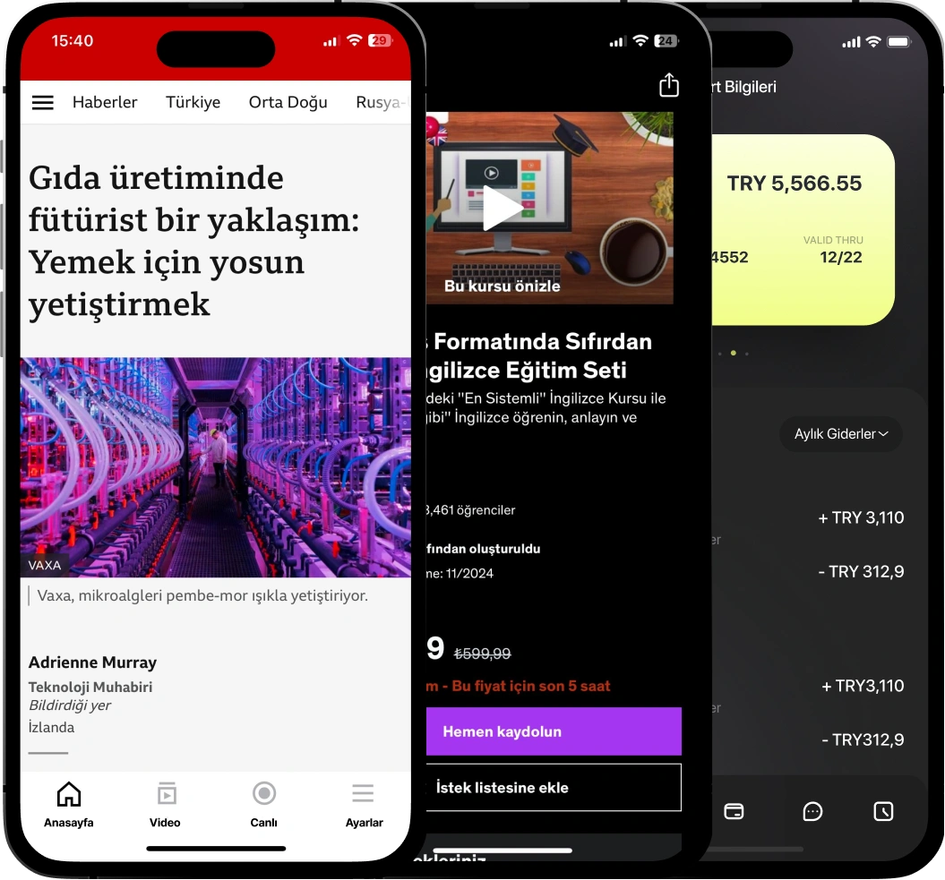 Görselde farklı uygulamaların görüntülendiği üç akıllı telefon ekranı yer alıyor: Birinde Salvador Dalí ve sanatının yer aldığı bir sanat bölümü, diğerinde İngilizce öğrenmeye yönelik bir video kursu, üçüncüsünde ise finansal kart bakiyesi gösteriliyor.