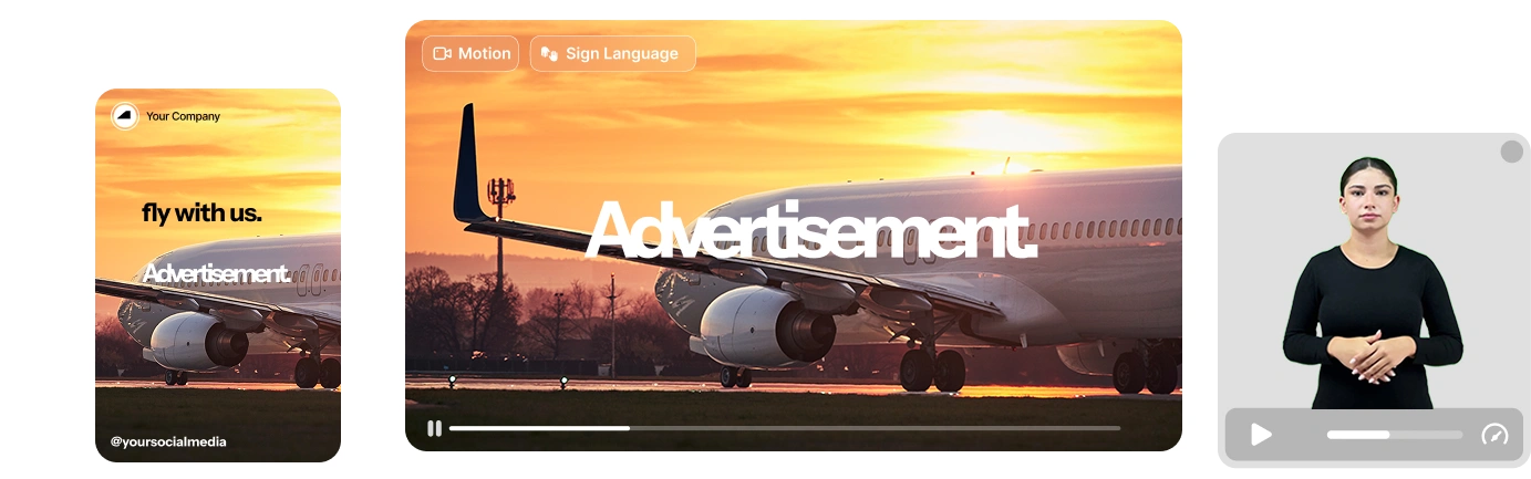 The image is an advertisement for a company encouraging people to fly with us, featuring a plane on a runway during sunset and a sign language interpreter.