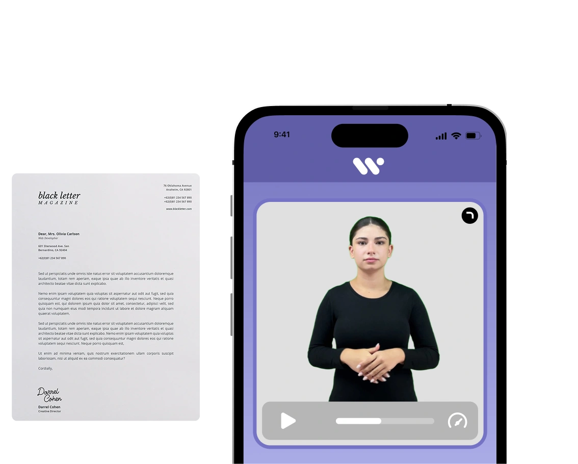 The image shows a letter from Black Letter Magazine addressed to Mrs. Olivia Carlson, alongside a smartphone displaying a video call interface with a person in a black outfit.