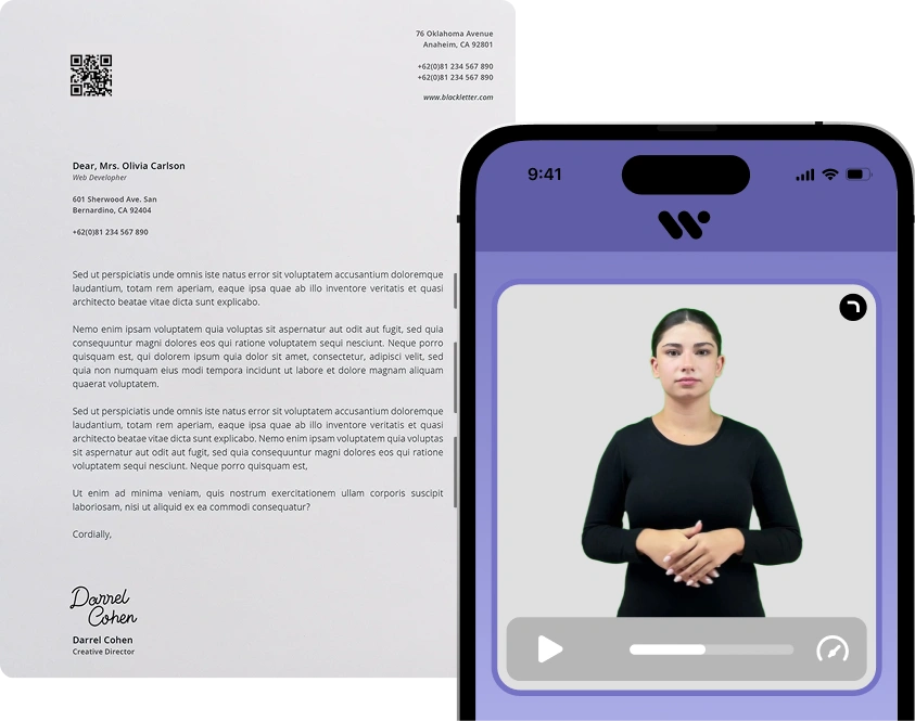 The image shows a mockup of a digital communication platform featuring a letter and a video call interface with a person in a black outfit. The letter is addressed to Mrs. Olivia Carlson, a web developer, and includes a QR code, contact information, and a signature from Darrel Cohen, Creative Director. The video call interface displays a person with their hands clasped together.