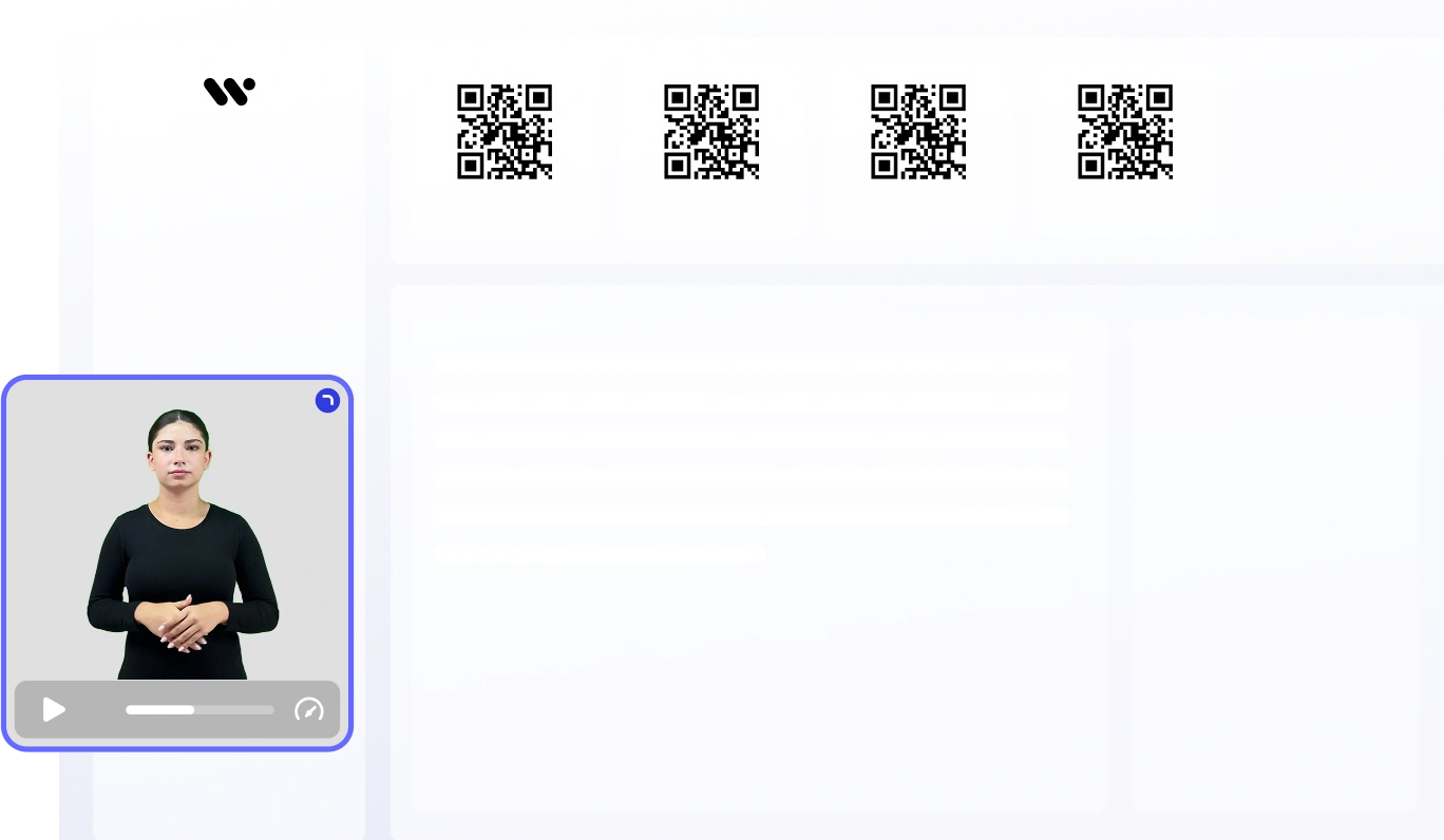 The image shows a video player interface with a person in a black shirt, four QR codes at the top, and a play button at the bottom left corner.