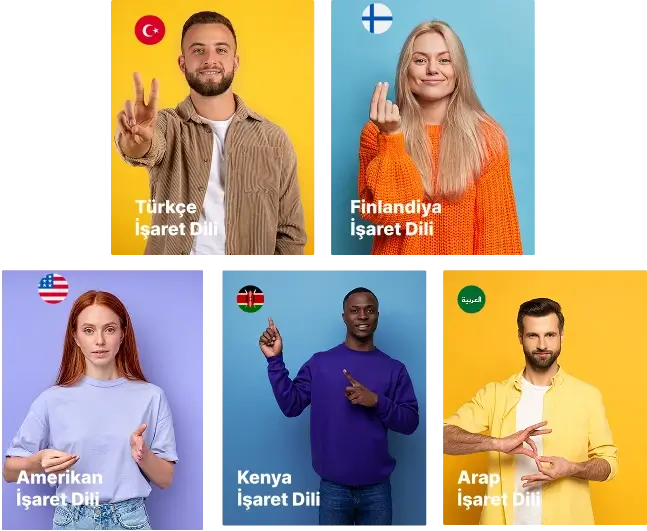 Görüntüde, Türkiye İşaret Dili, Finlandiya İşaret Dili, Amerikan İşaret Dili, Kenya İşaret Dili ve Arap İşaret Dili gibi farklı ülkelerin işaret dillerini temsil eden bireyler yer alıyor.
