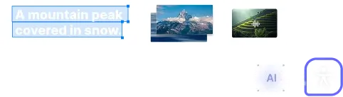 The image shows a description A mountain peak covered in snow alongside a photo of a snowy mountain and an AI icon.