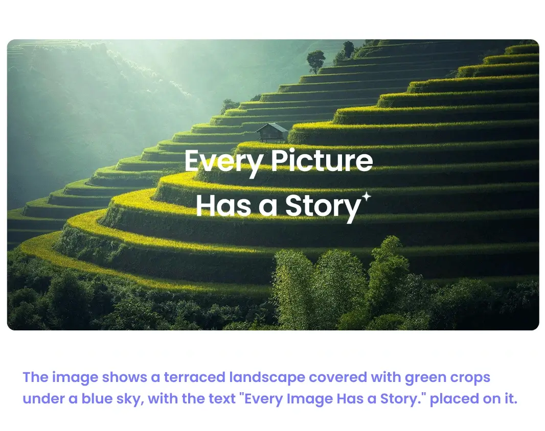 The image depicts a terraced landscape covered with green crops under a blue sky, accompanied by the text Every Picture Has a Story.