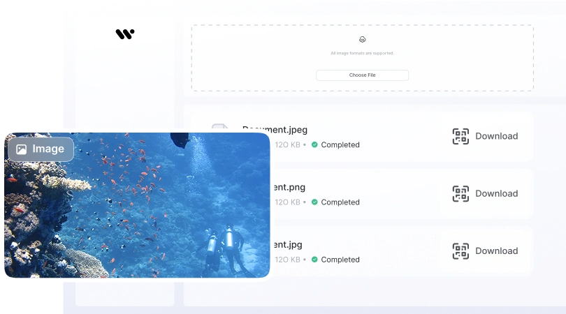 The image shows a file upload interface with options to download completed files named Document.jpeg, Document.png, and Document.jpg, each 120 KB in size.