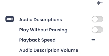 The image shows settings for audio descriptions, play without pausing, playback speed, and audio description volume.