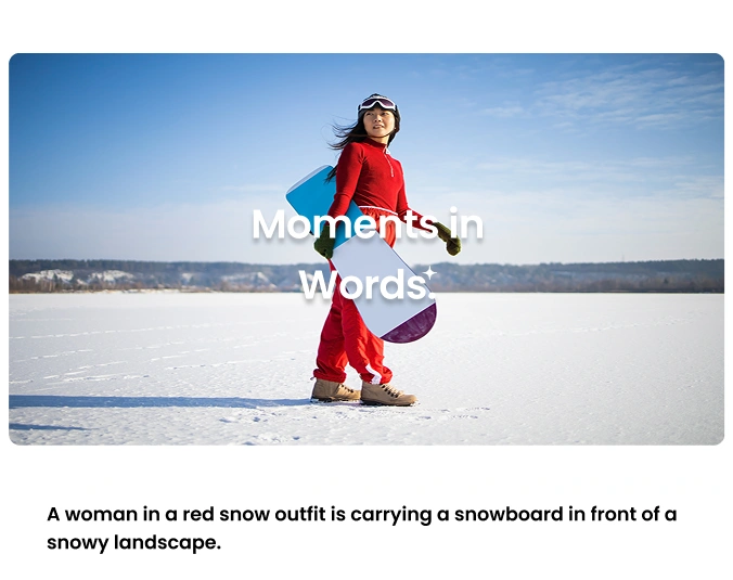 The image shows a smartphone screen displaying a video of a person walking on a snowy mountain path, with the text 