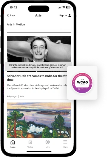 The image shows a mobile app interface with an article about Salvador Dalí's art coming to India for the first time, featuring more than 200 sketches, etchings, and watercolors by the Spanish surrealist. The interface includes navigation options such as Home, Video, Live, and More, along with a WCAG accessibility badge.