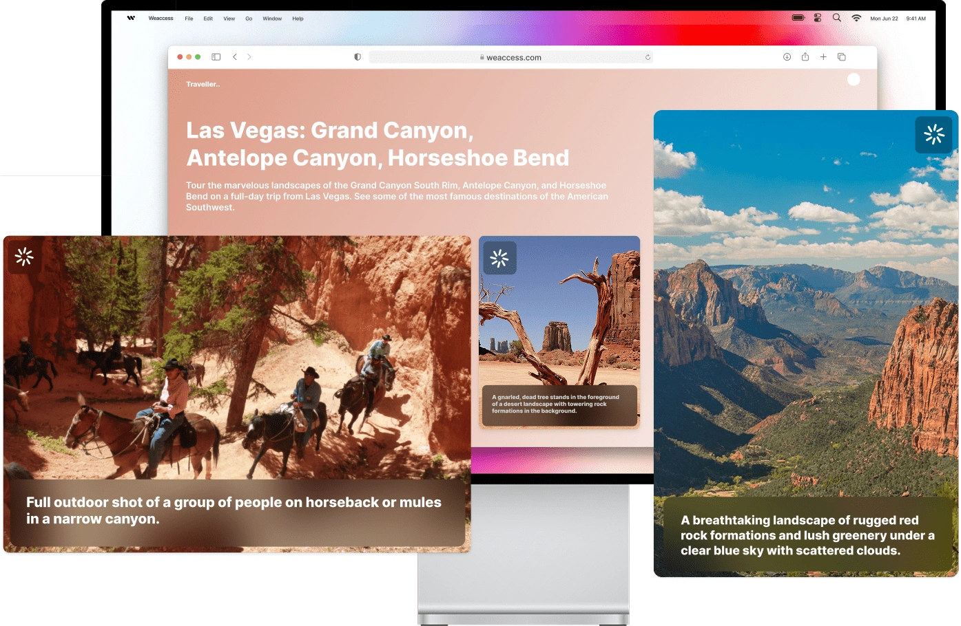 The image showcases a webpage titled Las Vegas: Grand Canyon, Antelope Canyon, Horseshoe Bend, featuring scenic views of rugged red rock formations and lush greenery under a clear blue sky with scattered clouds, along with a group of people on horseback or mules in a narrow canyon.