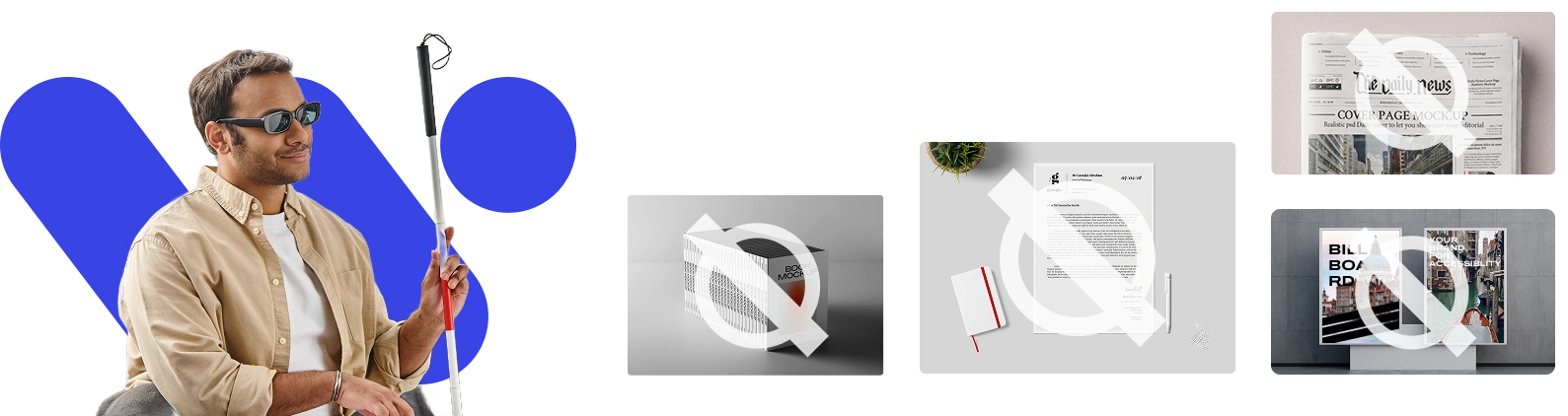 The image showcases a person using assistive technology, including a cane and glasses, alongside various mockup designs for branding and marketing materials.