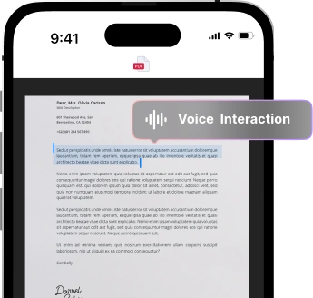 The image shows a smartphone screen displaying an email with the text Voice Interaction overlaid on it.