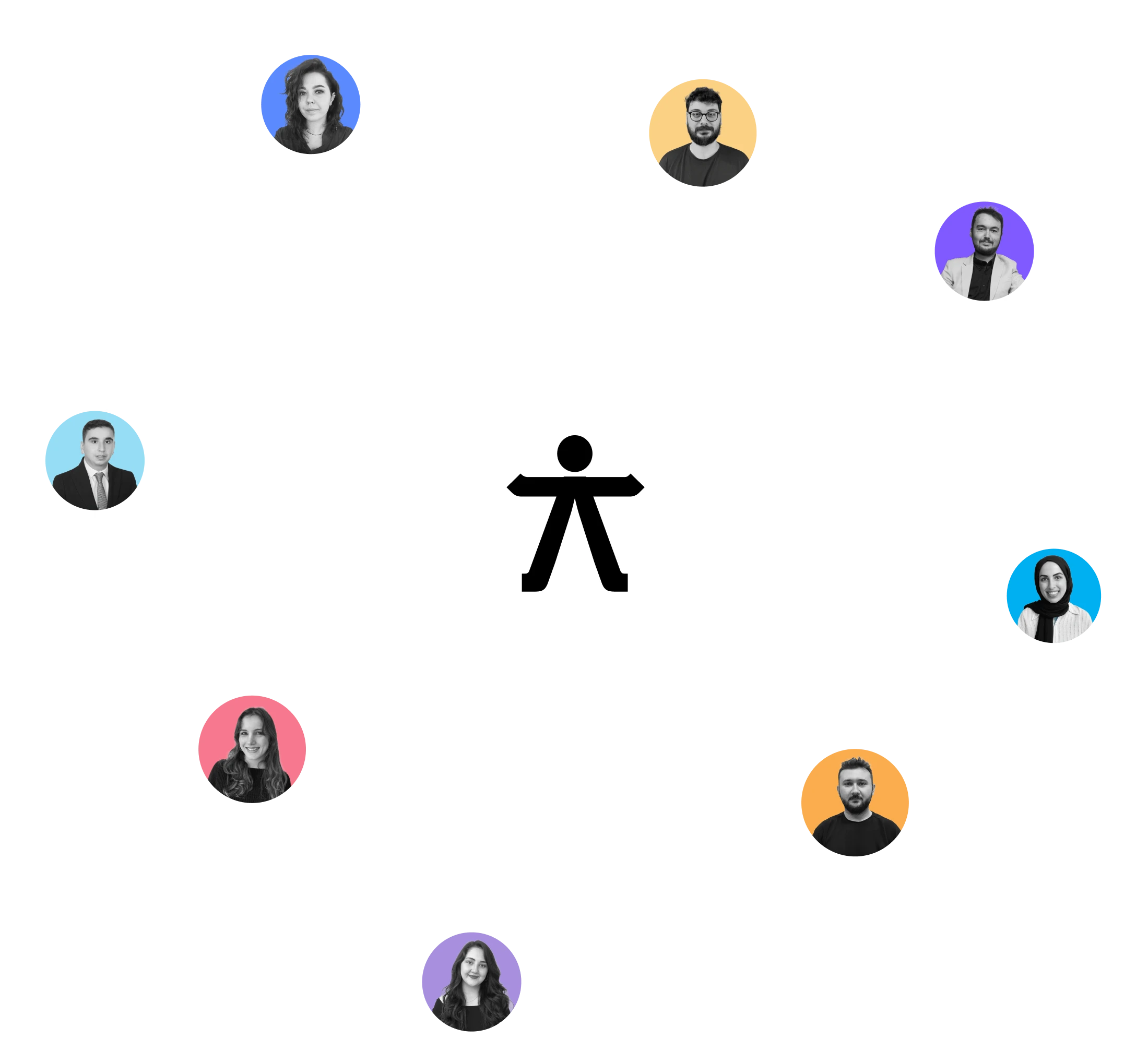 A circular graphic showing team members around an accessibility icon, representing collaboration.