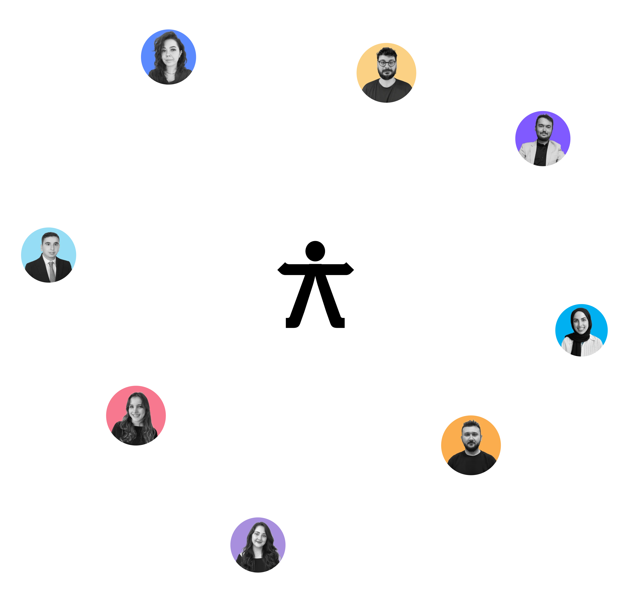 A circular graphic showing team members around an accessibility icon, representing collaboration.