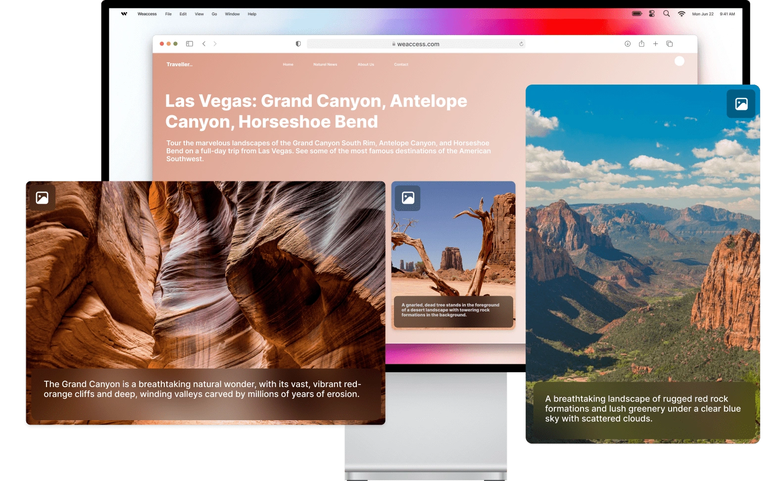 The image showcases a webpage titled Las Vegas: Grand Canyon, Antelope Canyon, Horseshoe Bend, featuring vibrant visuals and descriptions of the natural wonders of the American Southwest.