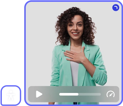 The image shows a person wearing a mint green blazer with a play button and a progress bar at the bottom, suggesting it is a video interface.
