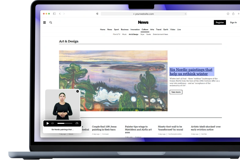 The image shows a laptop screen displaying a news website with an article titled Six Nordic paintings that help us rethink winter, along with other articles and a video thumbnail featuring a person.