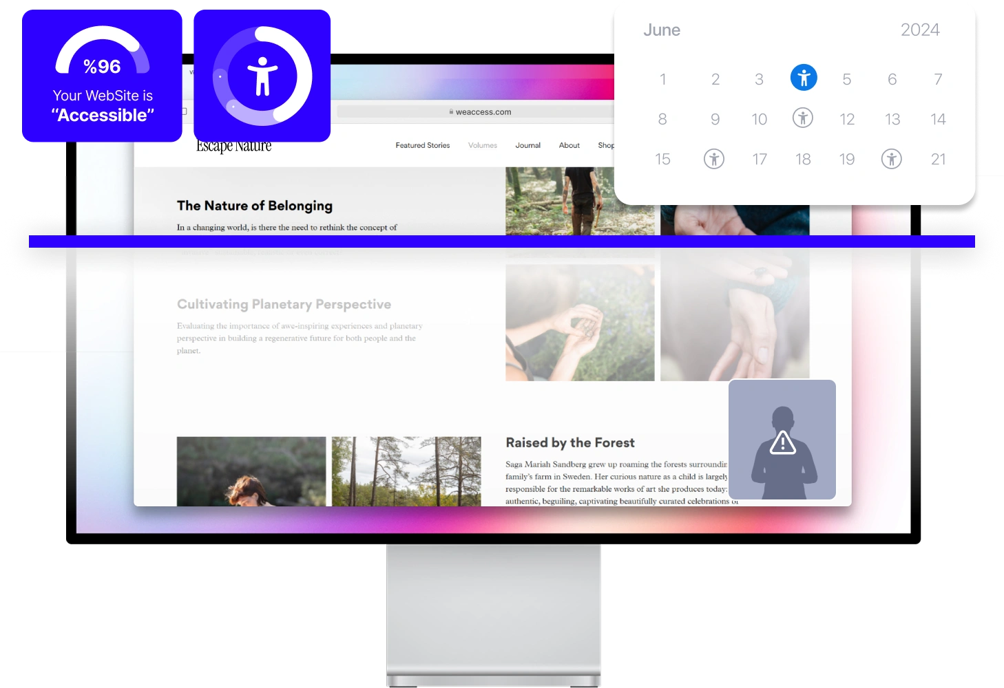 The image shows a website with an accessibility rating of 96%, featuring articles like The Nature of Belonging and Cultivating Planetary Perspective, along with a calendar for June 2024.
