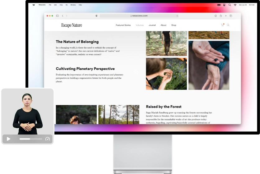 The image shows a webpage from Escape Nature discussing topics such as The Nature of Belonging, Cultivating Planetary Perspective, and Raised by the Forest.