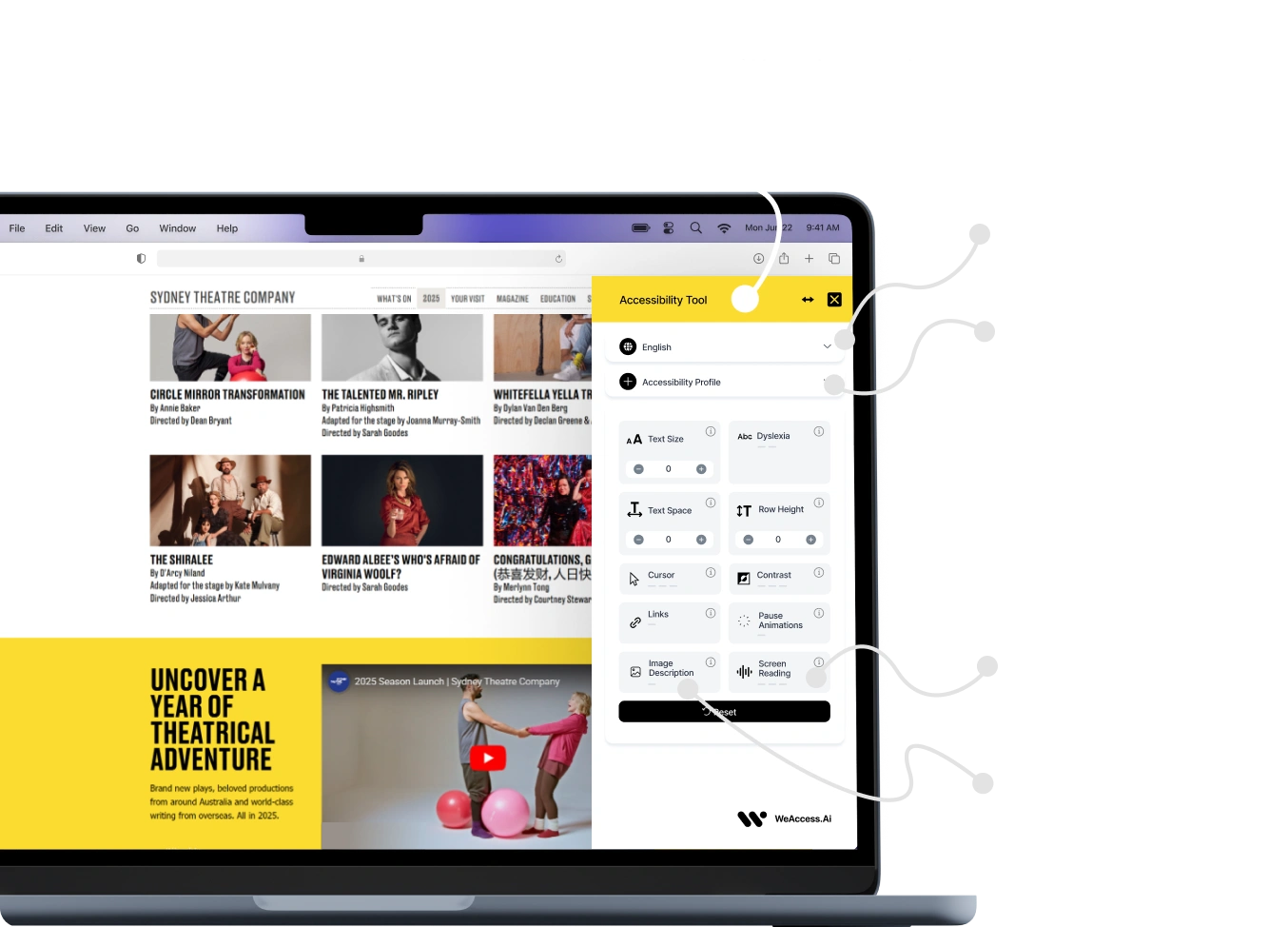The image shows a laptop screen displaying the Sydney Theatre Company is website with an accessibility tool overlay, including options for adjusting text size, space, row height, and other settings.